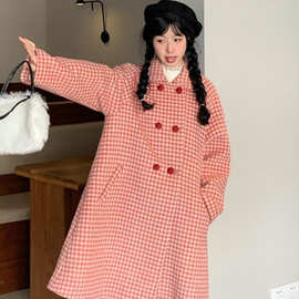可爱学院风红色格纹毛呢外套女新款秋冬中长款娃娃领呢子大衣