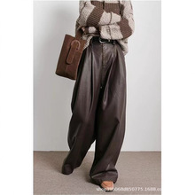 欧美复古美拉德棕色皮裤长裤女新款加绒PU皮设计感压褶阔腿休闲裤
