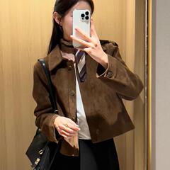 美拉德麂皮绒外套女短款2025春秋新款复古宽松小个子薄款夹克上衣