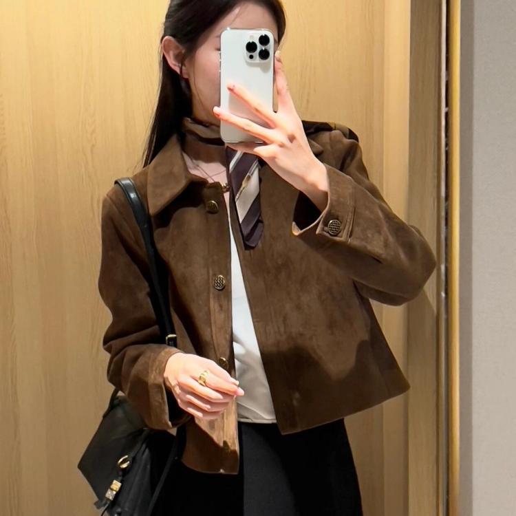 美拉德麂皮绒外套女短款2025春秋新款复古宽松小个子薄款夹克上衣|undefined