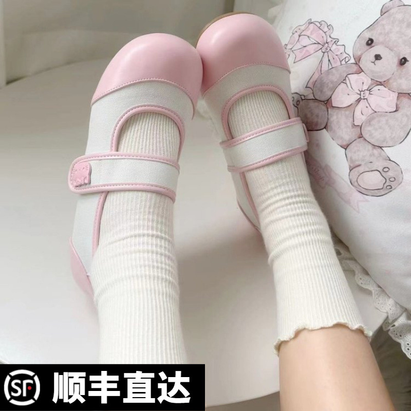 재고 야옹 야옹 스텝 실내 신발 작은 가죽 신발 여성 싱글 신발 귀여운 일본 벨크로 메리 제인 귀여운 라운드 신발 여성