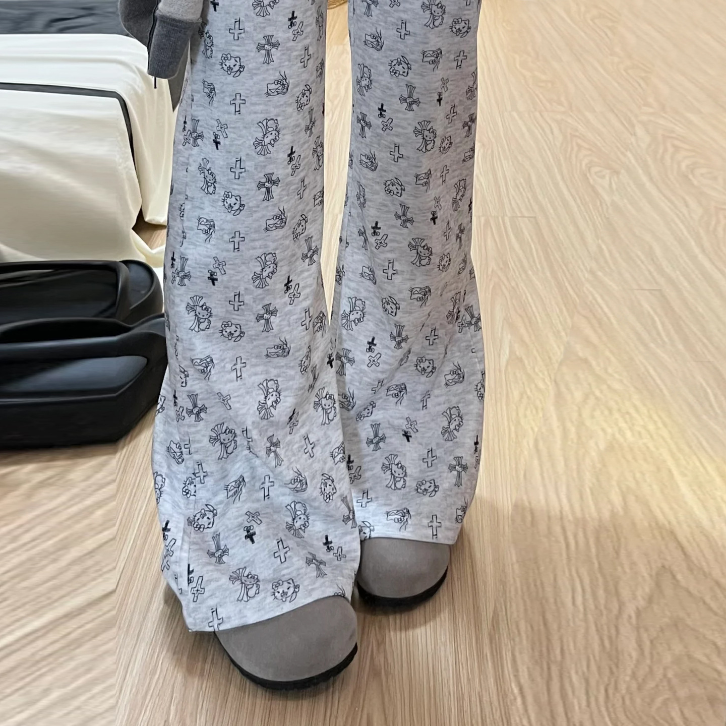 春季美式微喇运动裤华棉印花KT猫玩具熊遛弯裤高腰小个子休闲卫裤