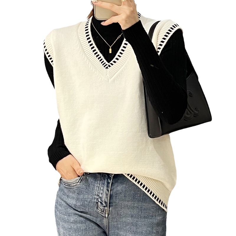 Chaleco de Otoño e Invierno para mujer 2023 nuevo suéter suelto con cuello en V con camisa negra dentro del suéter