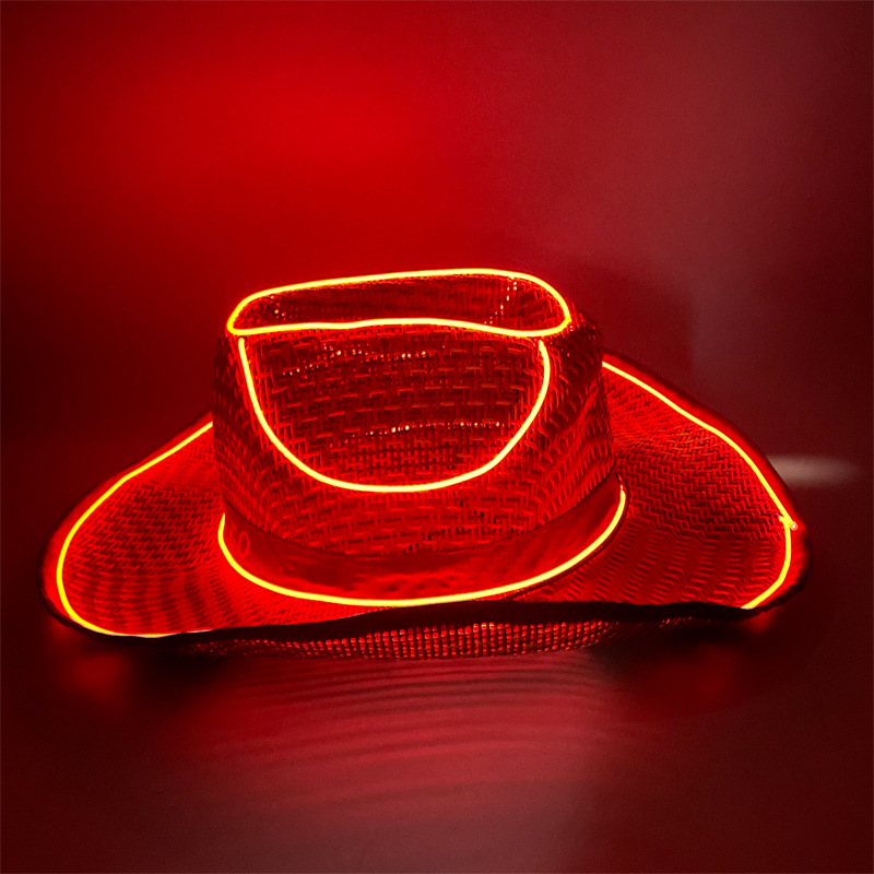 #614-2 3V无线款-草帽发光牛仔帽（翘沿酒红）（红色）