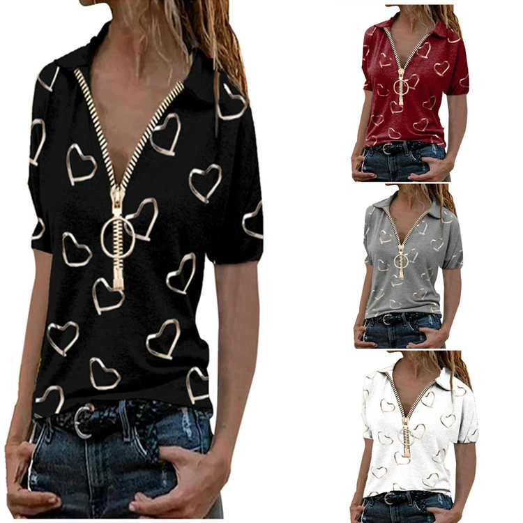 2021 независимая станция WISH Amazon взрывы трансграничной внешней торговли V-образным вырезом на молнии модная повседневная футболка с коротким рукавом женская одежда