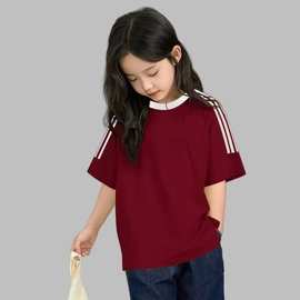 潮牌儿童纯棉T恤落肩纯棉三条杠圆领定制短袖文化衫班服定制logo