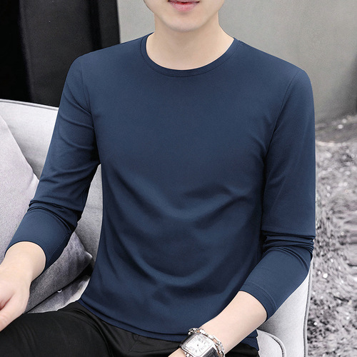 Men's Long Sleeve T-shirt for 2025 Autumn/Winter, Thin Pure Color Base Shirt,Slim Fit, Outer Wear, Pure Color Crew Neck T-shirt