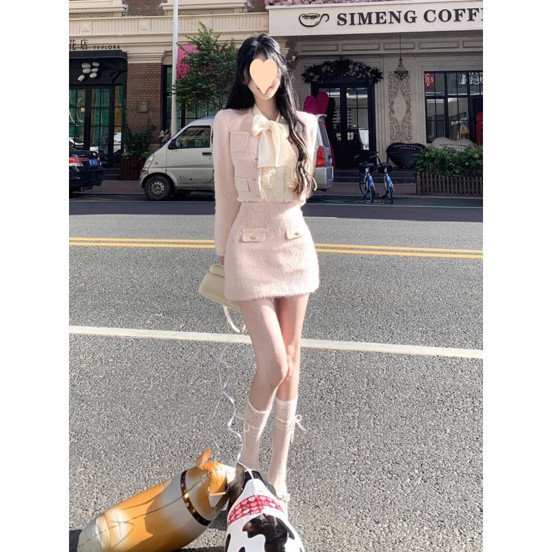 温柔甜美套装女秋风短外套衬衫高腰短裙高级感气质名媛两件套