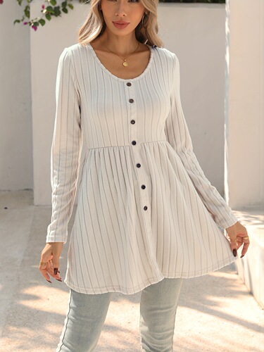 New spring and summer solid color crew collar, long-sleeved, single-breasted, ribbed casual T-shirt