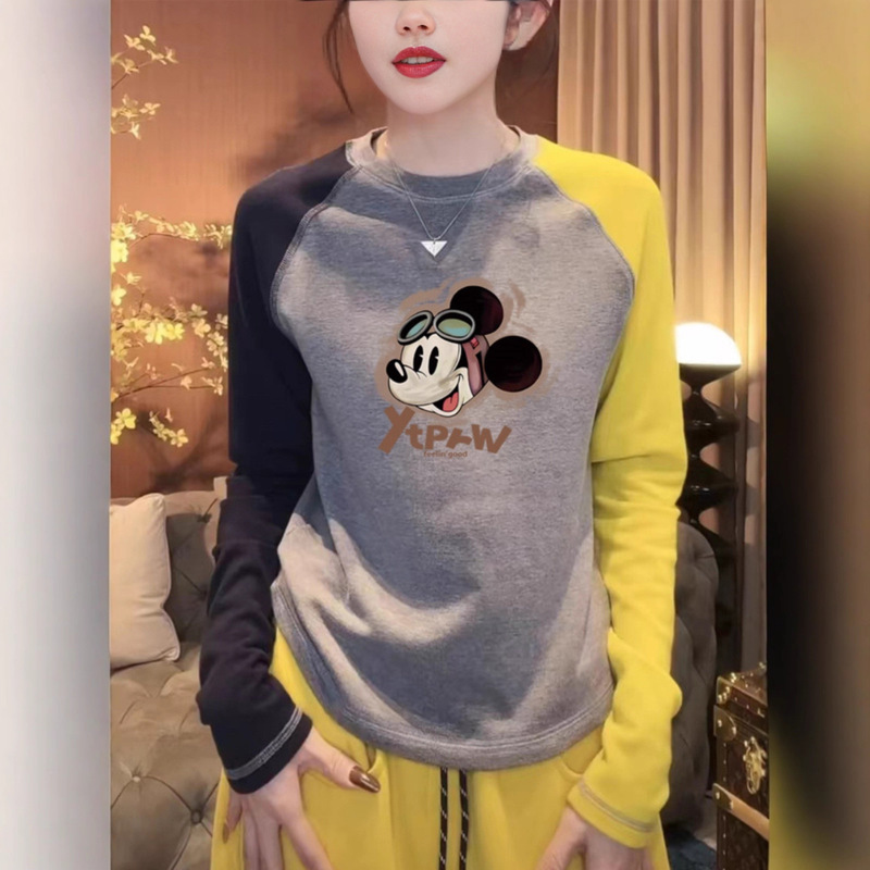 Round Neck Pure Cotton Long-Sleeved T-Shirt for Women Spring, Autumn and Winter 2025 New Thick Contrasting Raglan Inner Layering Shirt Top