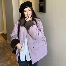 紫色灯芯绒拼接短款棉服女2024冬季新款大码宽松加厚拼色棉衣外套