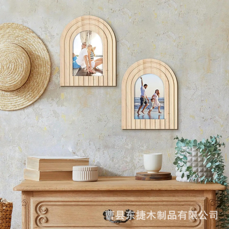 Home Wooden Photo Frame Wall Hanging Bohemian Couple Group Photo Display Stand Wall-Mounted Arched Decorative Frame Ornaments