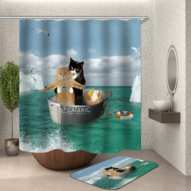 Divertida cortina de baño valiente gato sostiene tridente flecha montar tiburones en las olas ballenas gatos cortina de baño conjunto baño