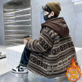 男童痞帅复古加厚兔毛外套冬装2025新款冬季宽松连帽毛毛衣棉服潮