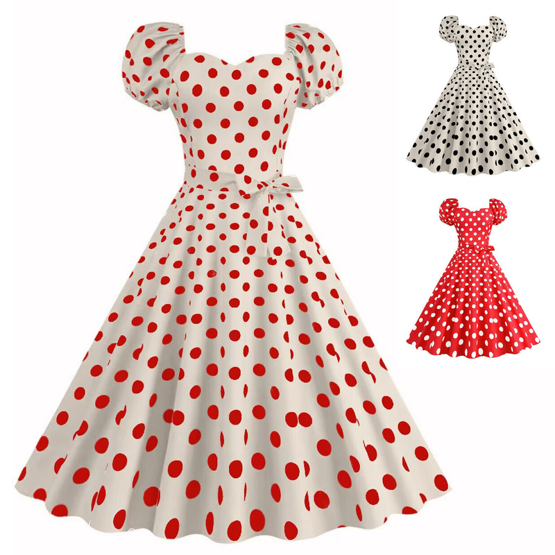 L Cross-Border Hot Selling Women's Clothing Summer European and American Sexy Puff Sleeves Lace-Up Waist Plaid Polka Dot Print Large Swing Skirt L Cross-Border Hot Selling Women's Clothing Summer European and American Sexy Puff Sleeves Lace-Up Waist Plaid Polka Dot Print Large Swing Skirt