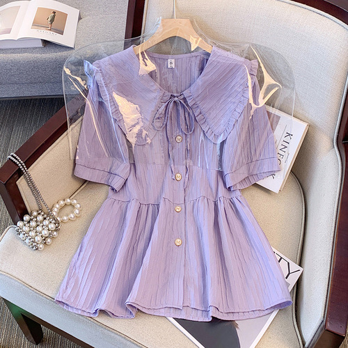 Sweet Style Band Collar Slimming Women's Summer Plus Size Fat MM French Design Stunning Temperament Fitting Top