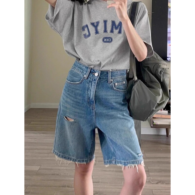 Ripped Denim Shorts for Women, Summer 2026, Plus-Size Women's Clothing, High-Waisted, Loose Fit, Slimming Wide-Leg Shorts A3887