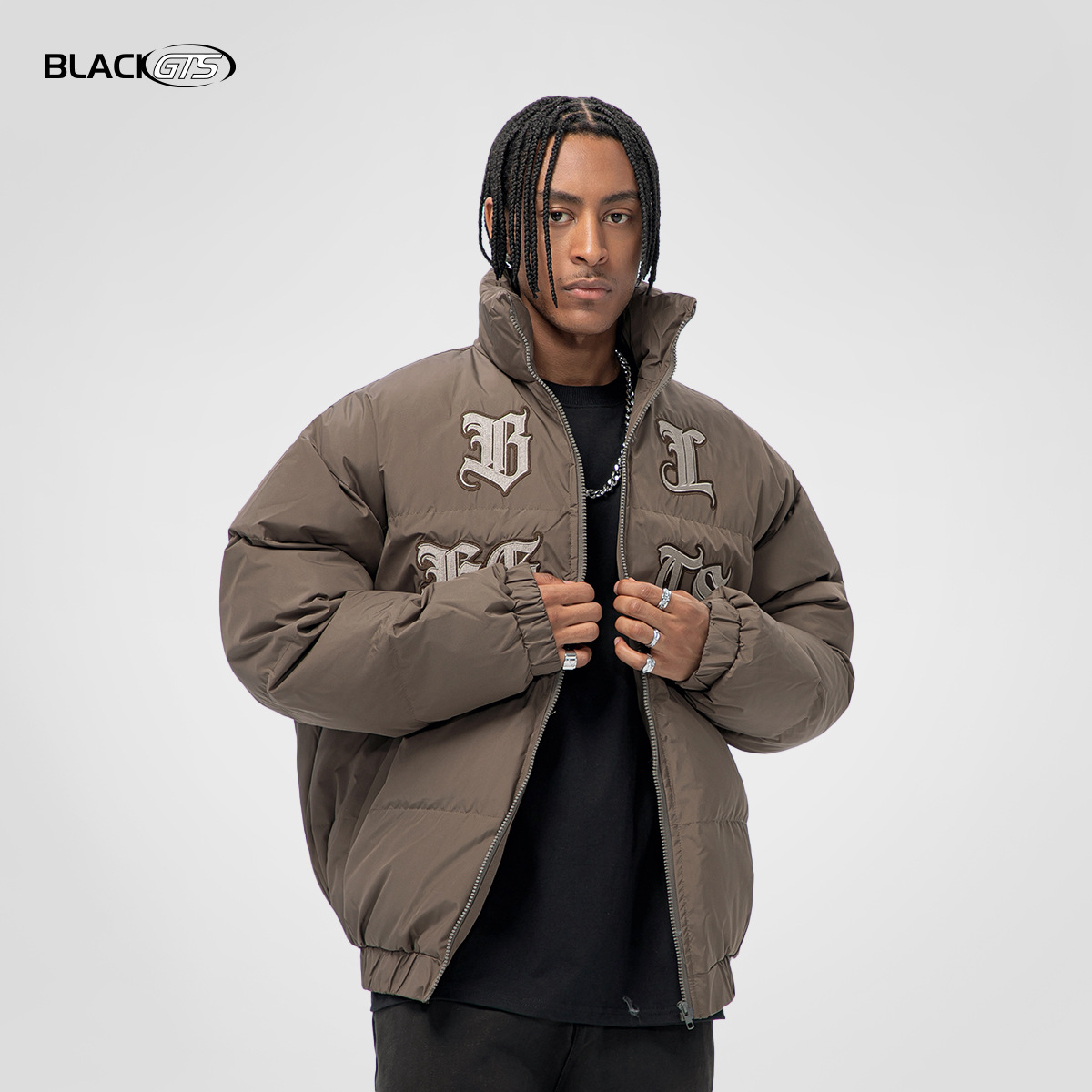 GTS otoño e invierno marca de moda estadounidense ropa de algodón acolchado bordado de letras góticas ropa neutra de algodón acolchado ropa de cuello de pie ropa de algodón acolchado ropa de pan suelto