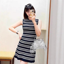 法式优雅2025夏新款黑白条纹无袖圆领短裙直筒连衣裙针织