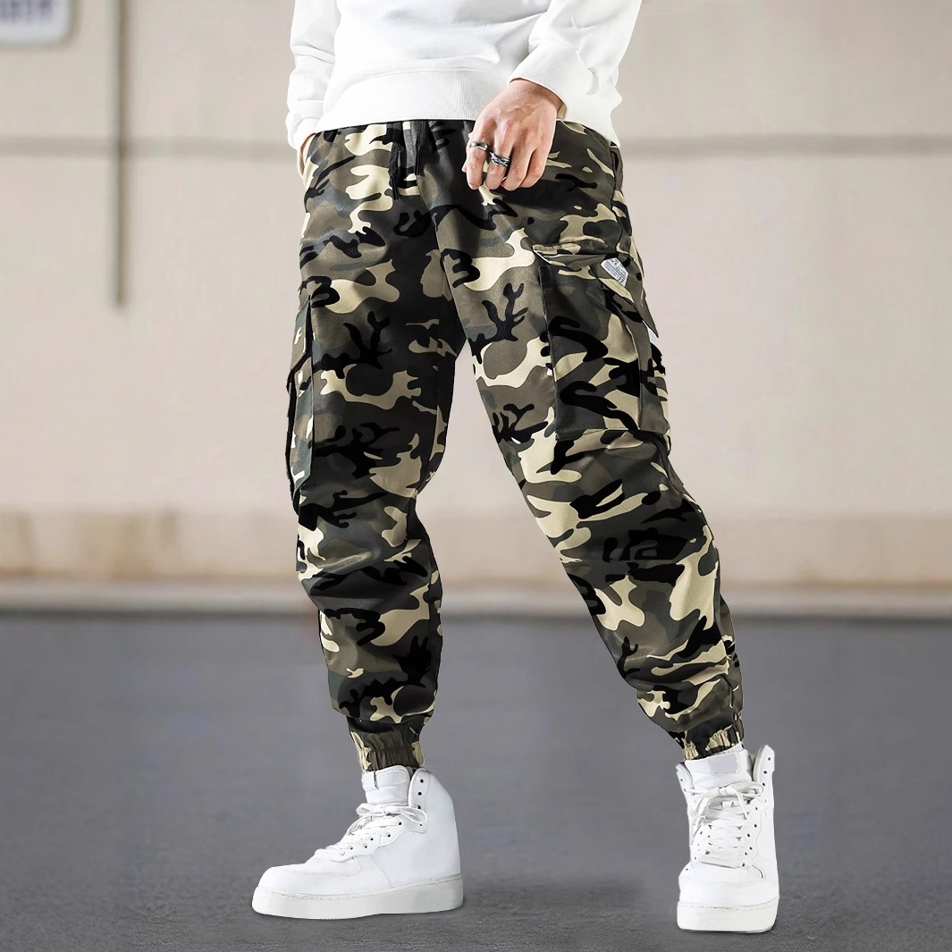 Herrenbekleidung Herren-Cargohose im Camouflage-Look, lässige, lange Hose mit Seitentaschen, Freizeithose für Outdoor-Aktivitäten_voghion.com