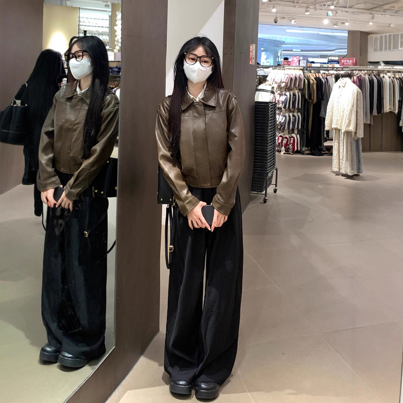 2025年春秋新款棕色短款皮衣外套时尚小个子女生的港风复古机车服|undefined