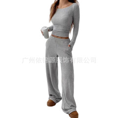 欧美跨境女装2025秋季新款亚马逊长袖修身显瘦上衣口袋阔腿裤休闲