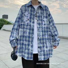 跨境专供美式复古工装格子条纹扎染衬衫男女秋季宽松ins痞帅长袖