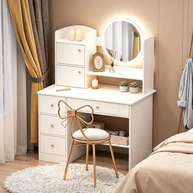 Dressing Table with Lights and Stool, Modern Minimalist Bedroom Vanity Table with Integrated Storage, Ready for Delivery Dressing Table with Lights and Stool, Modern Minimalist Bedroom Vanity Table with Integrated Storage, Ready for Delivery
