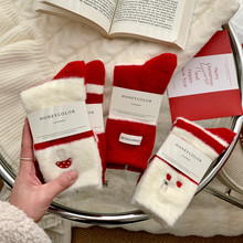 蛇年红袜子女冬季加绒加厚保暖澳绒女长袜本命年刺绣蘑菇猫睡眠袜