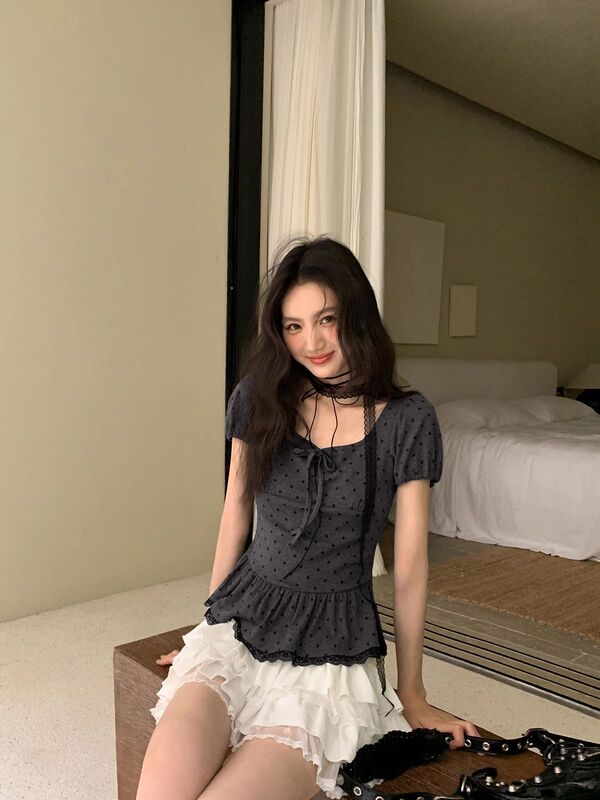 灰色波点短袖衬衫女2025夏季新款蕾丝边方领泡泡袖收腰衬衣短上衣|undefined