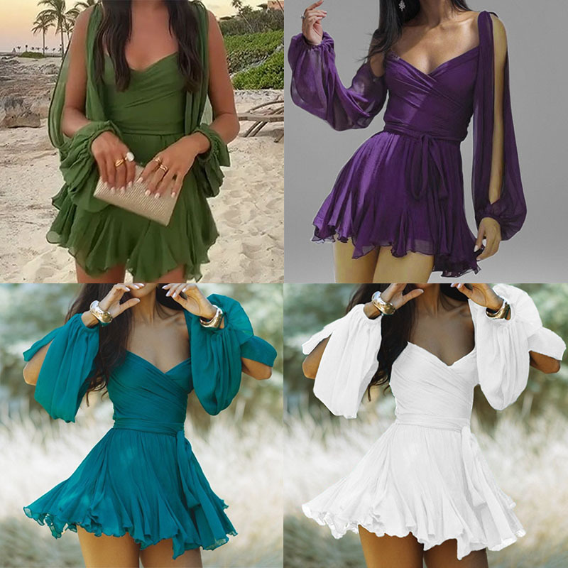 Women's Clothing Spring Women's Low Cut Off Shoulder Dress Sexy Hot Girl Solid Color Short Skirt For Formal & Casual For Women_ecoleips.com