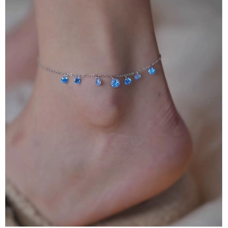Yongyi Silver Jewelry S925 Sterling Silver Anklet Aquamarine Zircon Shiny Elegant High-End Lazy Style Accessible Luxury Exquisite Anklet