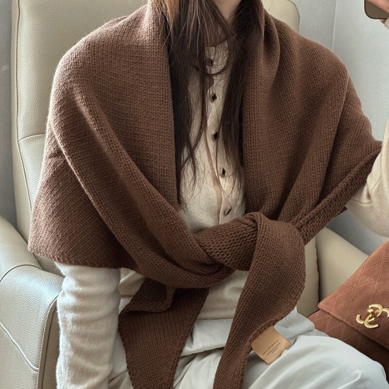 Autumn and Winter Korean Simple Style Thick Chunky Knit Wool Blend Large Shawl Simple Large Triangle Warm Scarf