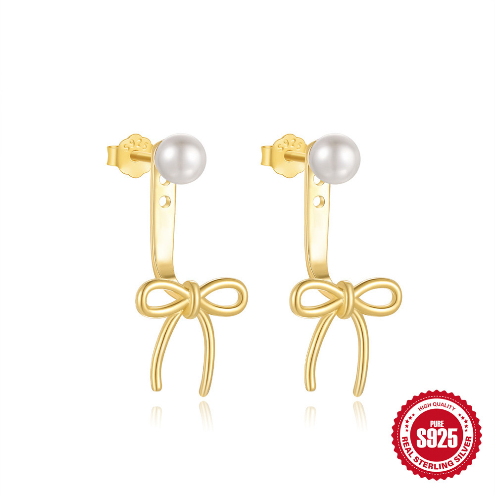Pendientes de diseño pequeño y exquisito de plata de ley S925, lazo, perla, aretes de ambiente premium de otoño