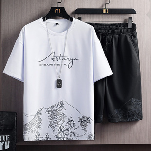 Ice Silk Gradient Suit Men's Short-Sleeved T-Shirt Summer Fashion New Casual Shorts Sports Two-Piece Set Handsome Men's Clothing