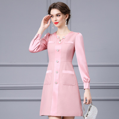 Zhili Pink Premium Pearl Buckle Decoration Slim Fit and Elegant Style Dress New for Autumn and Winter 2023