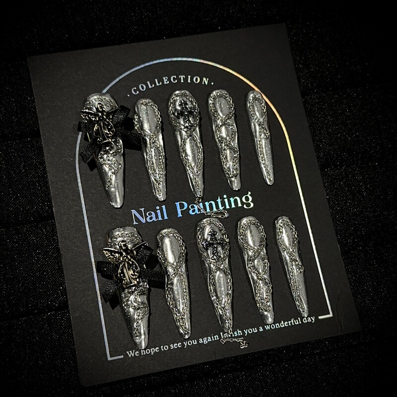 Purely Handmade Wearable Nails, High-End Metal Silver Magic Mirror Powder Nail Art Pieces, European and American Punk Heavy-Duty Fake Nail Patches Purely Handmade Wearable Nails, High-End Metal Silver Magic Mirror Powder Nail Art Pieces, European and American Punk Heavy-Duty Fake Nail Patches