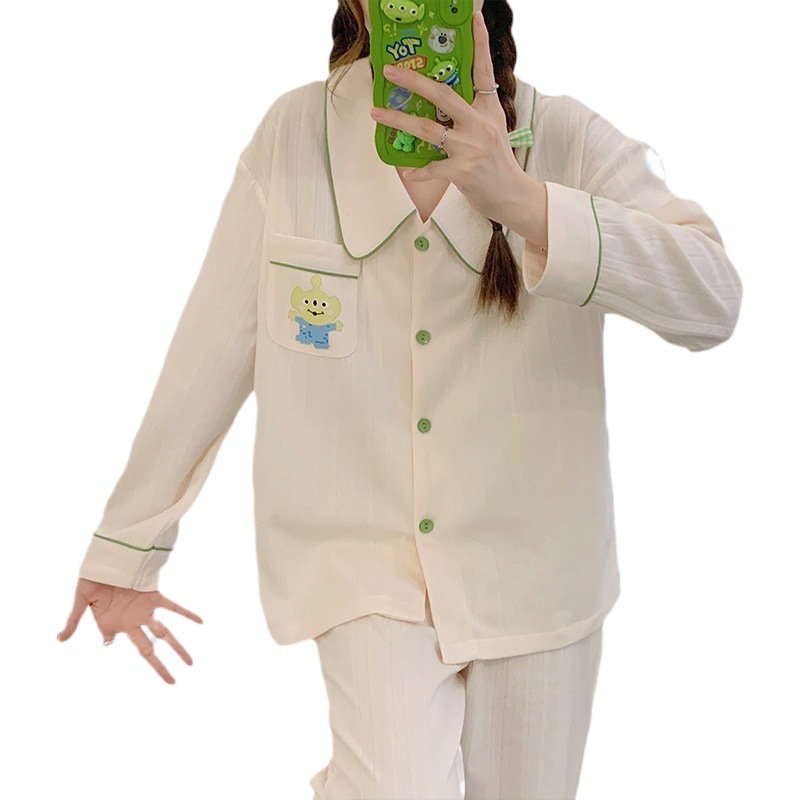 Plus tamaño pijamas casuales mujeres de algodón peinado jacquard Otoño e Invierno de manga larga cardigan lindo dulce niña traje de desgaste del hogar