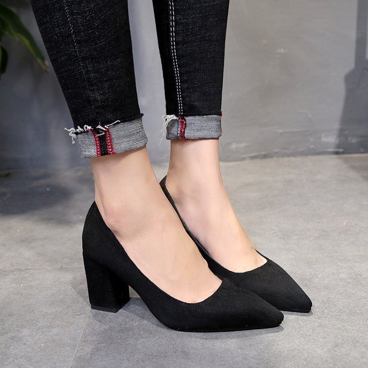 Interview Black High Heels Women's Pointed Toe Work Professional Office Work Shoes Thick Heel High Heel Suede Etiquette Shoes