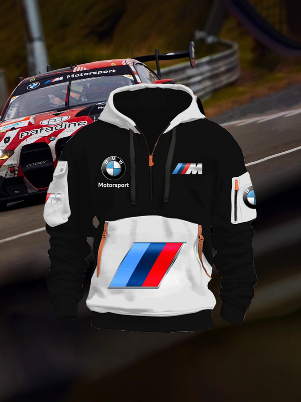 2025 Cross-Border 250g Healthy Cloth Plus Velvet Bmw Car Logo Men's Multi-Flap Pocket Pants Zipper Hooded Sweatshirt 243