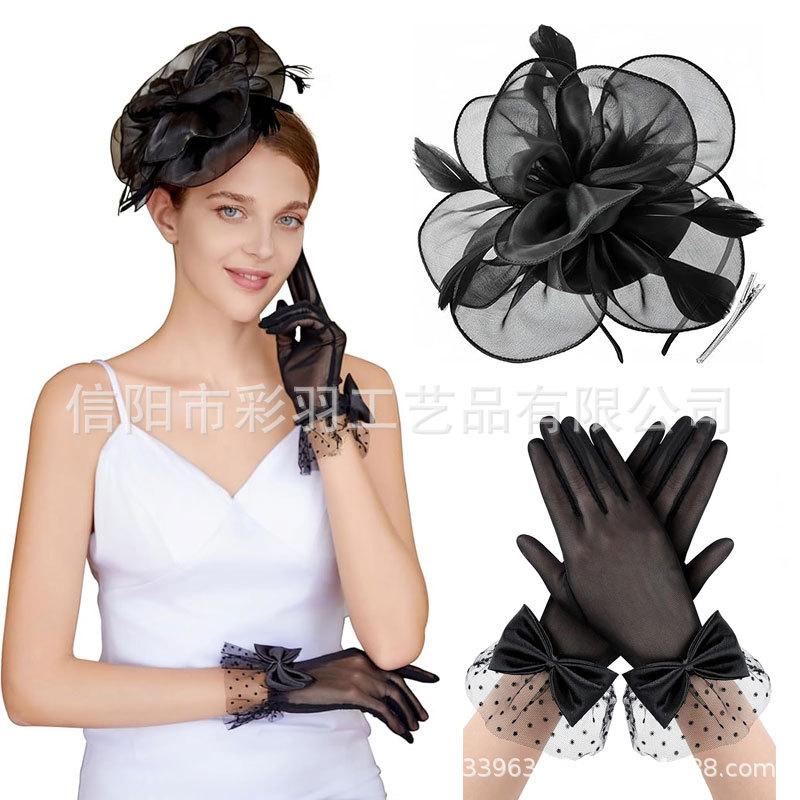 Mesh headpiece and glove set, lace French Hepburn style dress for stage performances, horse racing events, and banquet shows