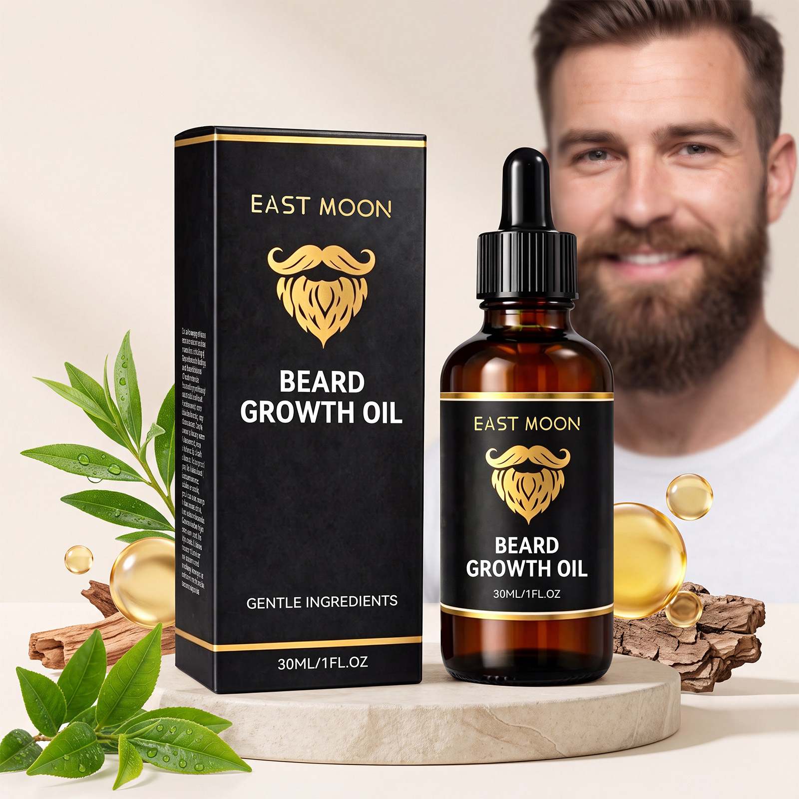 East Moon Beard Care Oil for Daily Gentle Cleansing, Refreshing, and Moisturizing of Men's Facial Hair