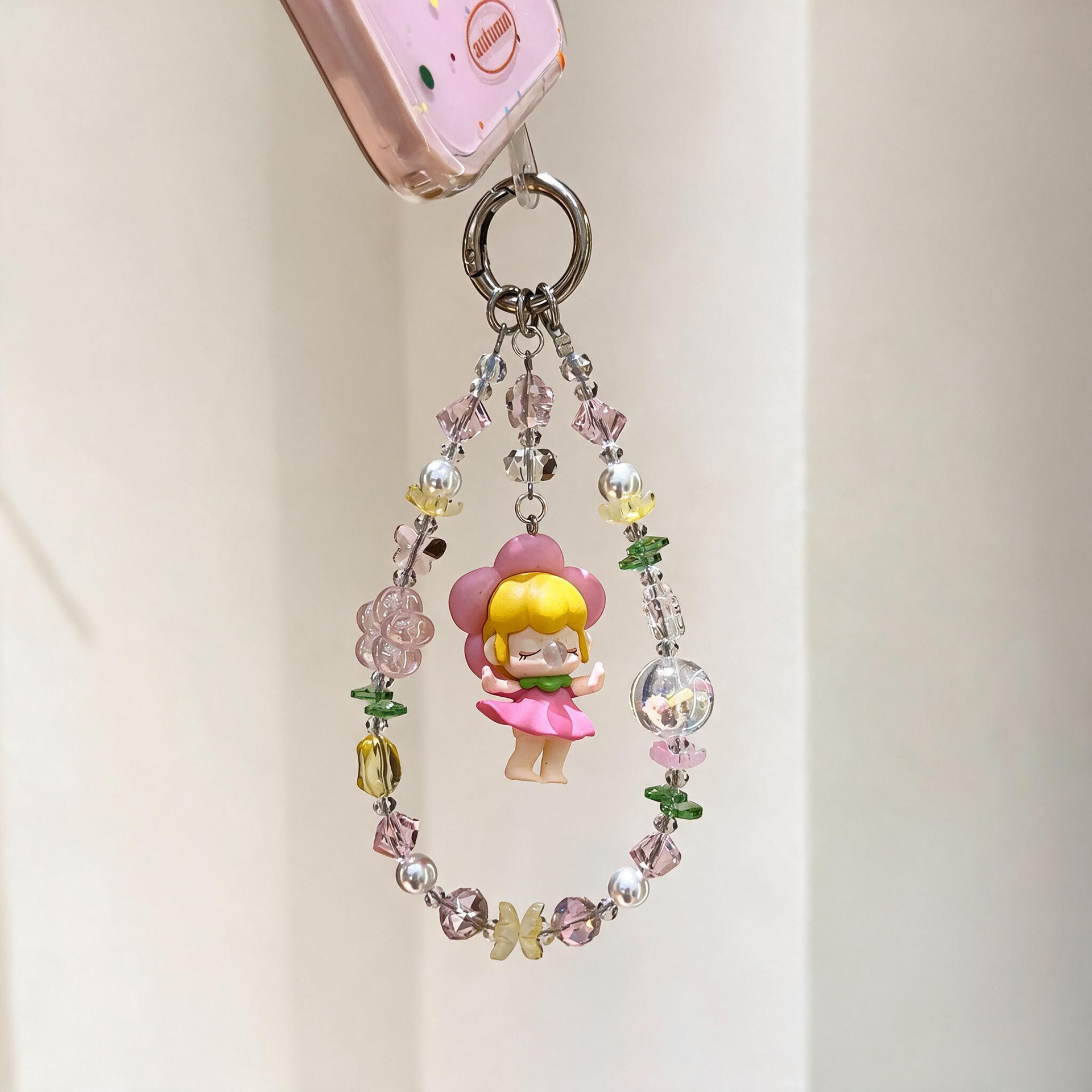 Korean-style pink floral cute phone chain, pink crystal phone lanyard, cute bag charm, handmade phone accessory