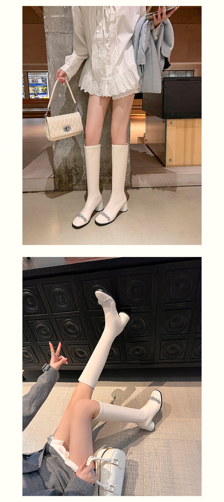 Boot nữ cổ cao ôm bắp chân phong cách vải tuýt, gót thô 5 cm, đế dày, mũi tròn — nhung đen, Lớp lót đơn màu trắng nhạt, Lớp lót đơn màu đen, Lớp lót nhung màu trắng nhạt chi tiết 17