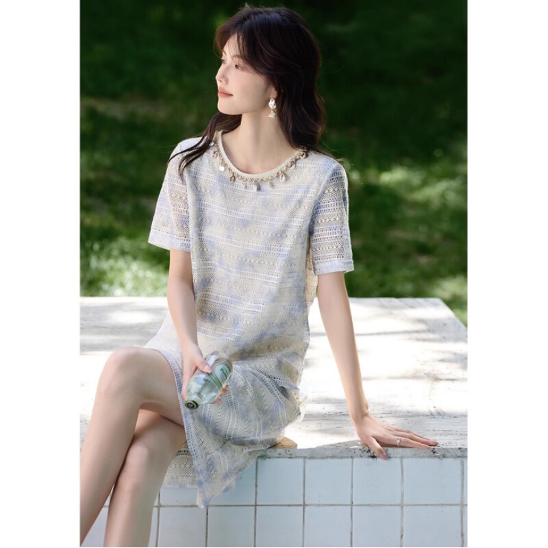 Gradient Smudged Shell Bead String Lace Dress for Women 2025 Summer Seaside Vacation Nice Skirt