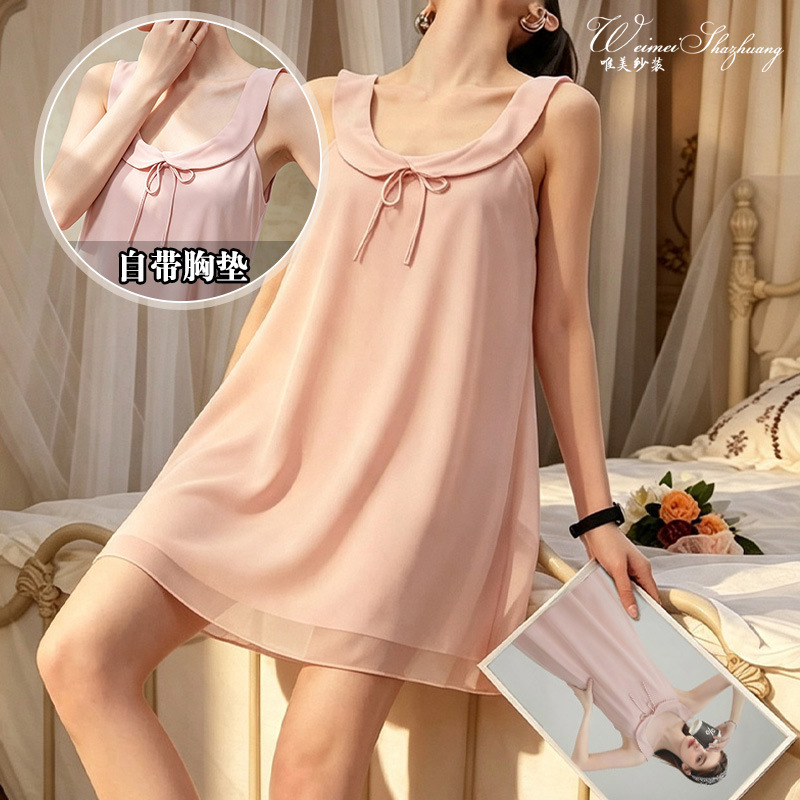 Elegant and sweet-style babydoll nightgown with a sheer mesh design, featuring a doll collar and spaghetti straps, and comes with a built-in bra for comfort and ease of wear