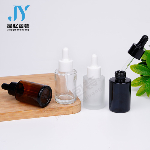 Bottle made of 30ml straight cylindrical glass, transparent flat shoulder dropper bottle, frosted original essence liquid bottle, pure essence bottle
