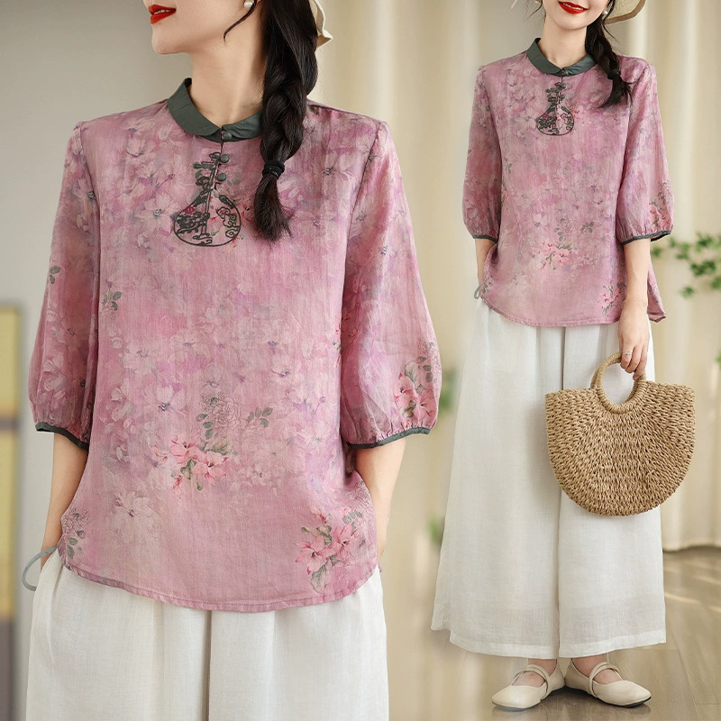 Реал ~ Новая китайская вышивка высокого класса свободная тонкая хлопчатобумажная верхняя рубашка с короткими рукавами