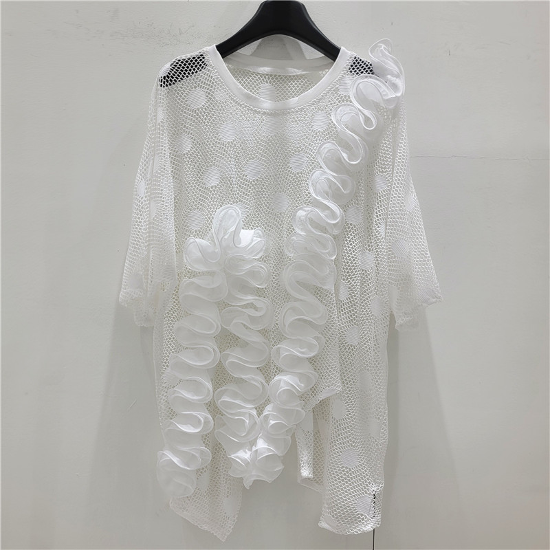 Jacquard estereoscópico hueco suelto gran tops de manga corta, camiseta de malla única de alta calidad para mujeres