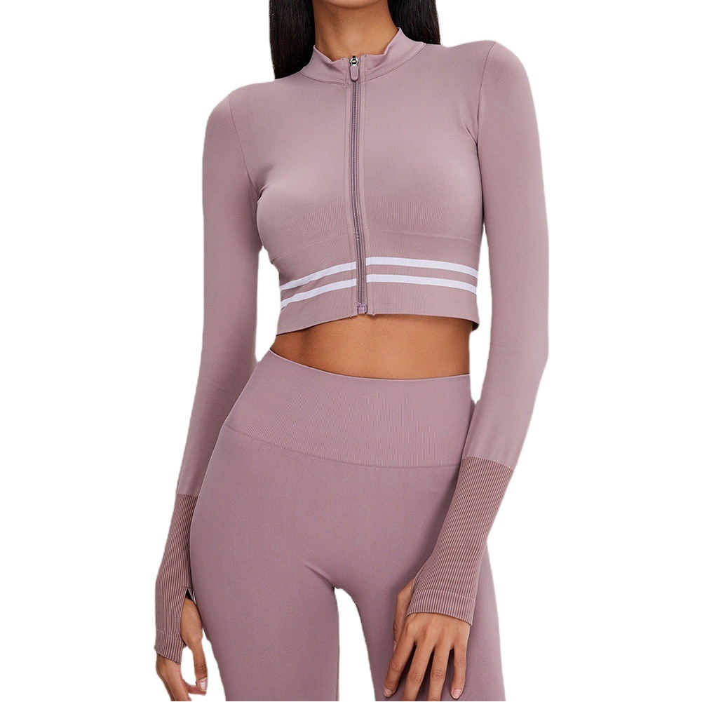Ropa de yoga sin costuras de manga larga apretado corto yoga Top cremallera collar chaqueta deportiva nude fitness top